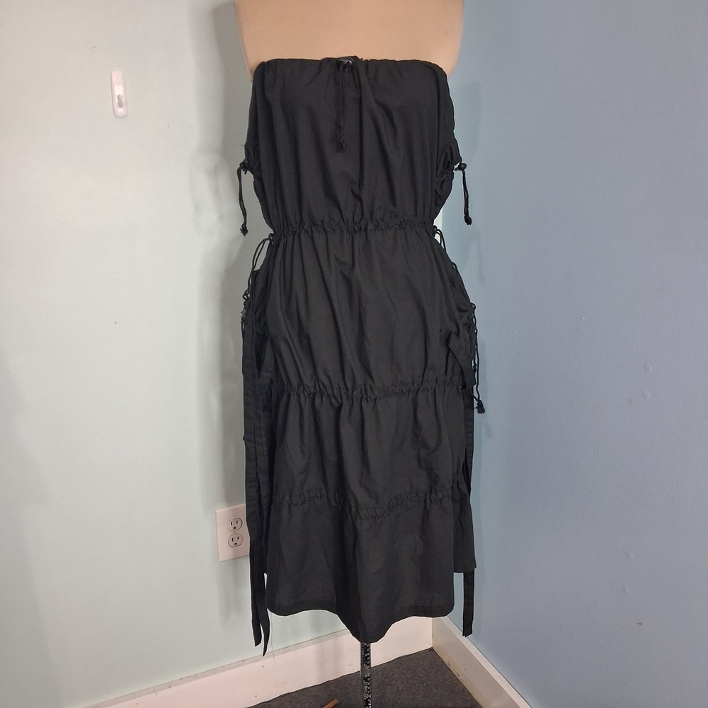 Black Cotton Drawstring Tiered Maxi Skirt Strapless Dress Gorpcore Techwear L